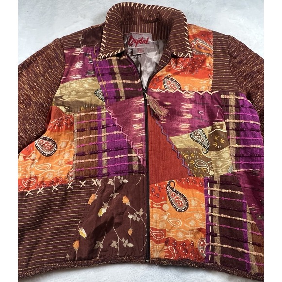 Vintage XL 90s Sharon Anthony Created By Crystal Patchwork Zip Up Jacket Lined - Picture 2 of 16